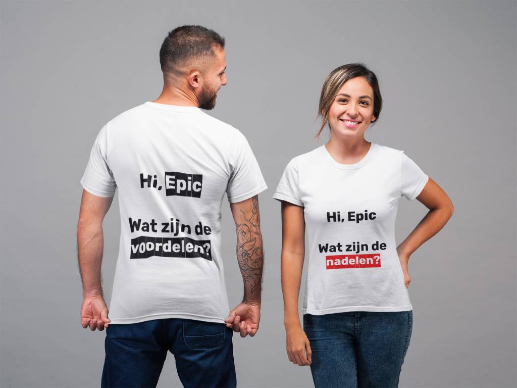 Een afbeelding van een man en vrouw die op hun shirts de tekst 'hi epic, wat zijn de nadelen?